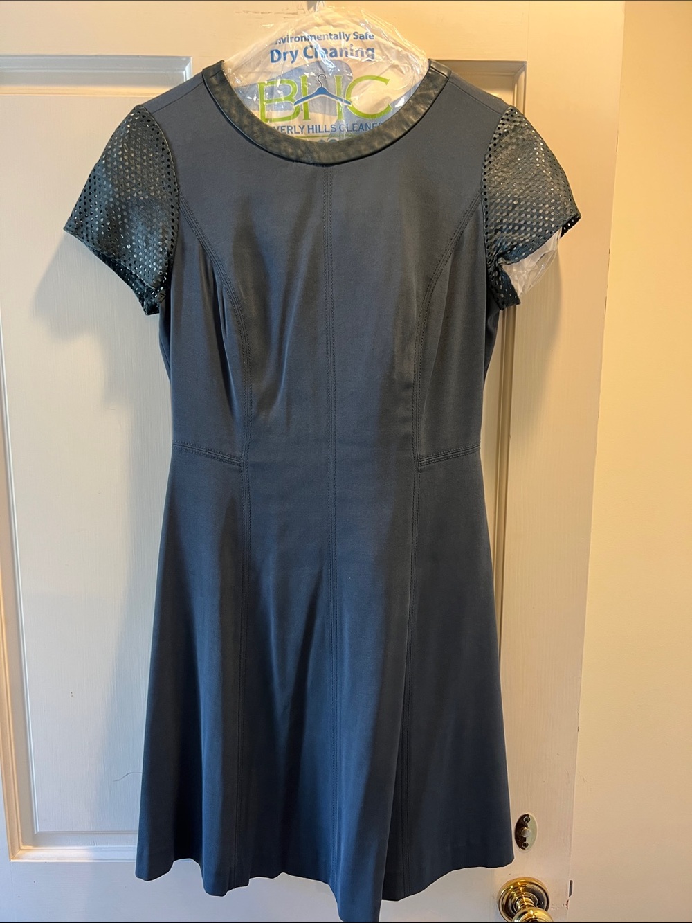 Rebecca Taylor Black Short-Sleeve Faux-Leather A-Line Mini Dress